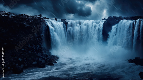 impressive epic night scenery with high big waterfalls