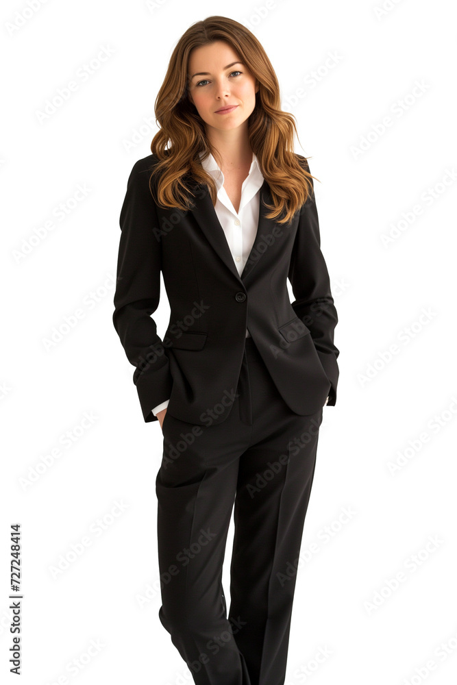 Young businesswoman in a black suit standing with her hands in her pockets isolated on transparent background. Young businesswoman in a black suit standing with her hands in her pockets isolated on transparent background.