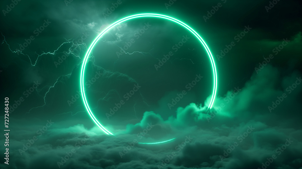 Glowing turquoise neon circle in the middle of clouds and smoke on black background