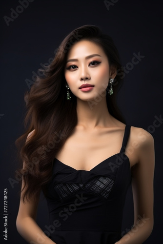 A young beautiful girl wearing a black dress with long hair  cute  innocent  and attractive looks  beautiful model girl  generative ai.