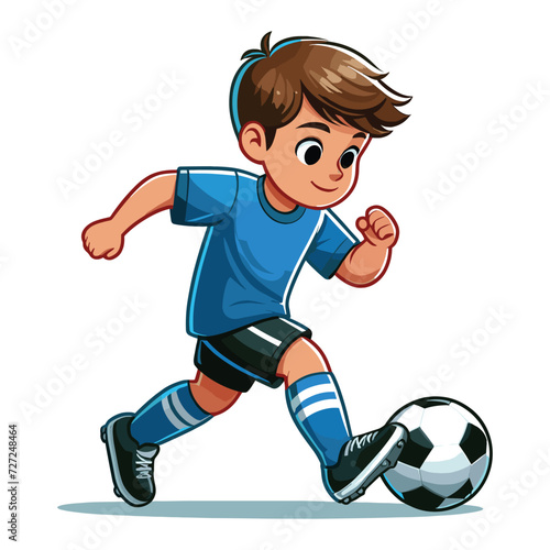 Happy cute little boy playing soccer football game in action cartoon vector illustration, kid player kicking ball design template isolated on white background © lartestudio