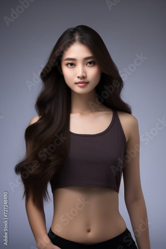 A young beautiful girl wearing a black dress with long hair, cute, innocent, and attractive looks, beautiful model girl, generative ai.