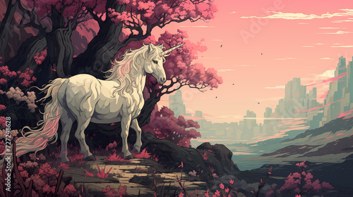beautiful white unicorn standing on a hill in an asian inspired landscape  2d pixelart style