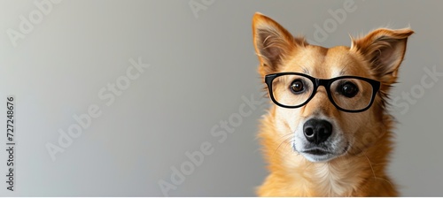 Trendy dog with big glasses on grey background, space on right for text or objects