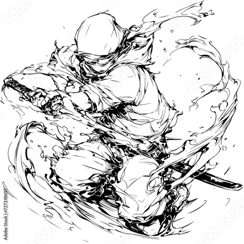 ninja manga with action power blast ink drawing isolate whitebackground generate AI