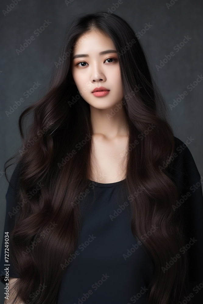 A young beautiful girl wearing a black dress with long hair, cute, innocent, and attractive looks, beautiful model girl, generative ai.