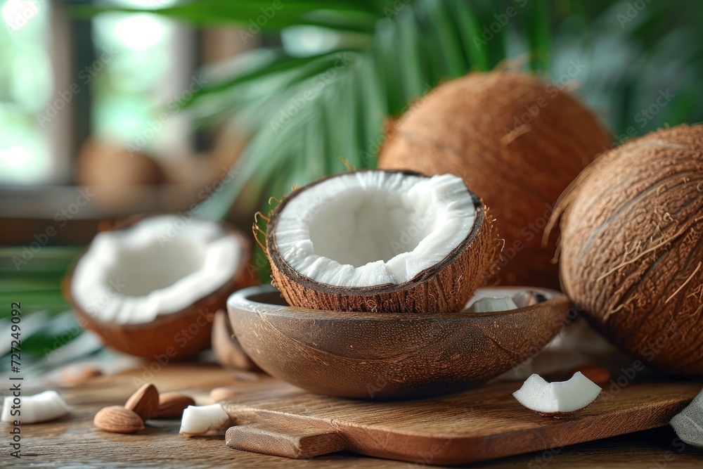 A fresh coconut on a wooden table, half-open, revealing its nutritious and delicious content. A fresh coconut on a wooden table, half-open, revealing its nutritious and delicious content.