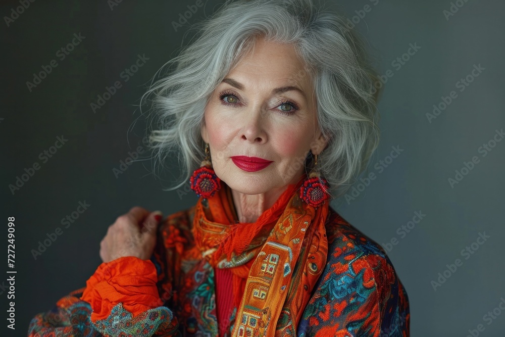 A fashionable and confident senior woman exudes positivity and style, sitting outdoors with a cheerful smile. A fashionable and confident senior woman exudes positivity and style, sitting outdoors with a cheerful smile.