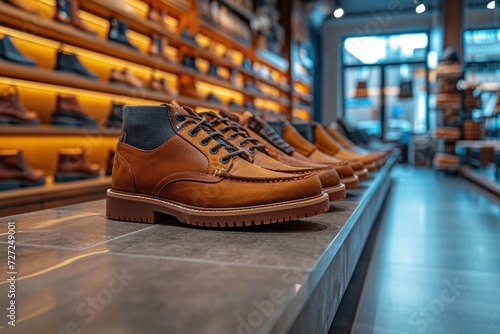 A stylish shoe store display featuring a diverse collection of fashionable leather footwear. photo