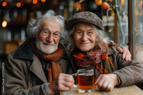 A cheerful senior couple, in a pub, embraces, enjoying a lovely date outdoors with beer.
