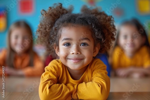 A pretty, cute African girl in a kindergarten classroom, happily engaging in education and friendship.