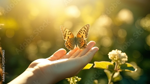 Person Holding Butterfly in Hand, Close-Up Image of a Beautiful Insect, Spring
