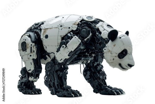 Conceptual image of a cybernetically enhanced panda with robotic limbs and technological upgrades, displayed against a solid white backdrop Generative AI photo