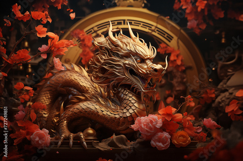 Golden statue of an angry Chinese dragon in 3D in front of an arc