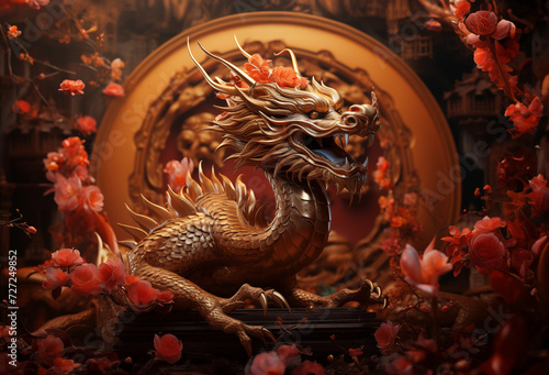 Golden statue of an angry Chinese dragon in 3D in front of an arc