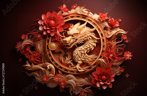 Golden statue of an angry Chinese dragon in 3D in front of an arc