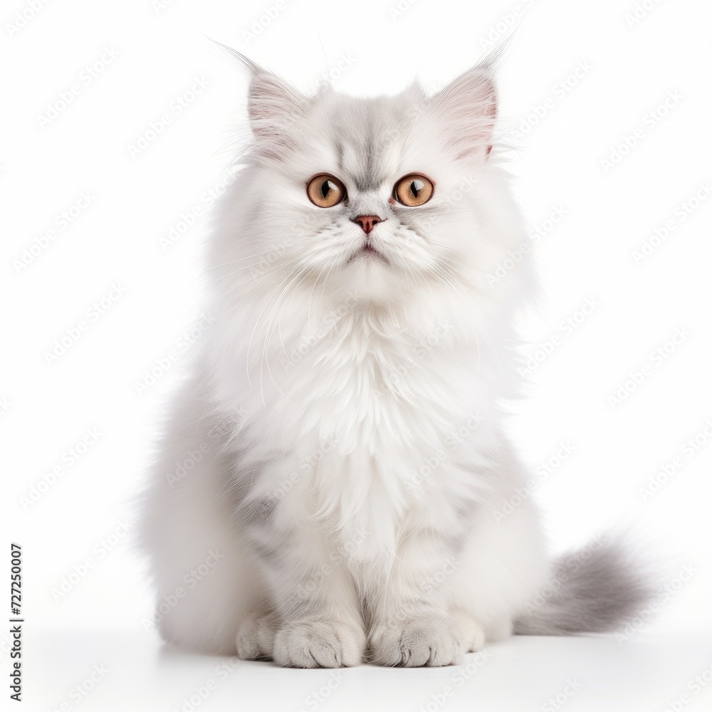 Realistic photo of a Persian cat on a white background, fluffy fur, sweet expression, calm and regal presence Generative AI