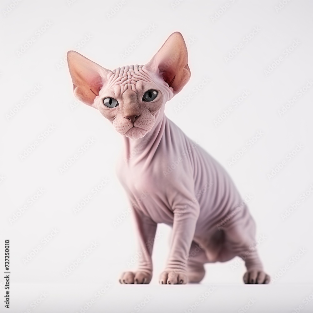 Realistic photo of a Sphynx cat on a white background, hairless breed, elegant body, intelligent and sleek appearance Generative AI