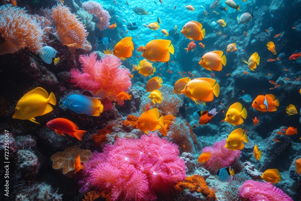 Obraz premium A colorful community of marine life thrives in the tranquil waters of a stony coral reef, surrounded by vibrant sponge and elegant aquarium decor