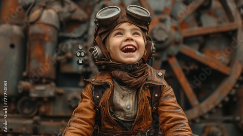 Realistic portrayal of a child in steampunk attire in a post-apocalyptic setting, laughing and playing with a positive spirit Generative AI