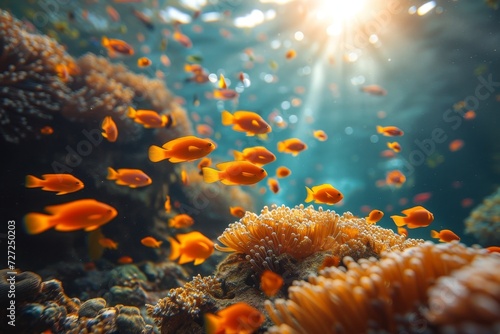 A vibrant school of orange fish gracefully glides through the colorful underwater world of a coral reef, surrounded by an abundance of marine life and aquarium decor