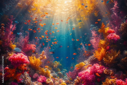 A mesmerizing painting capturing the fluidity and tranquility of a school of fish gliding through the vibrant reef, immersed in the serene beauty of the underwater world