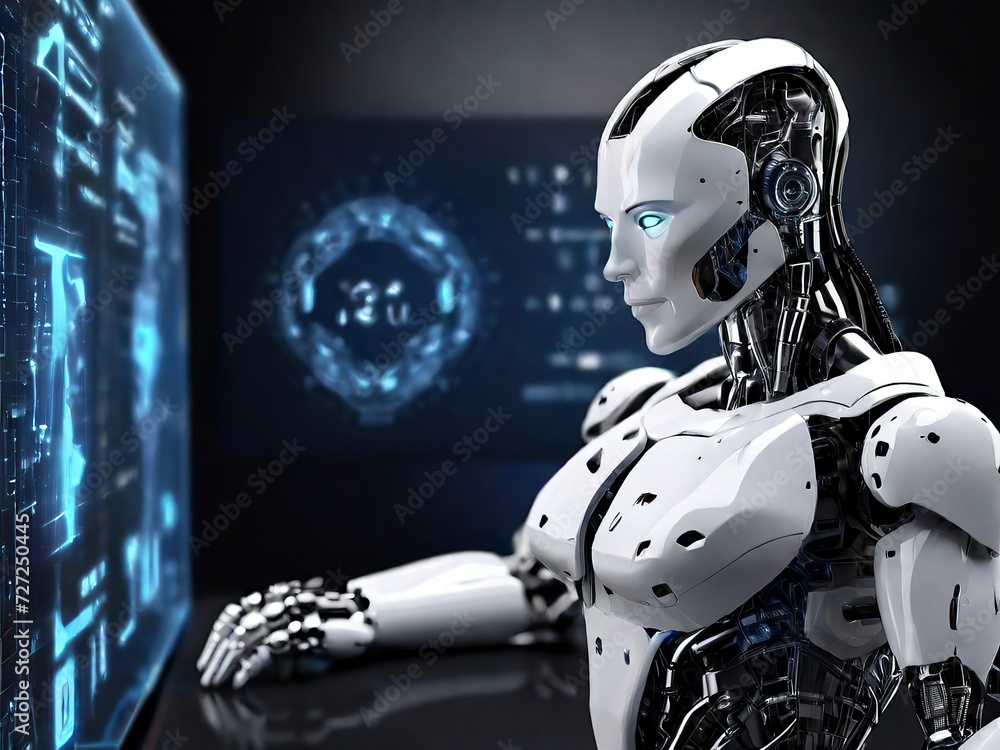 Free photo 3d rendering humanoid robot working with future digital graphic interface on dark background Free photo 3d rendering humanoid robot working with future digital graphic interface on dark background