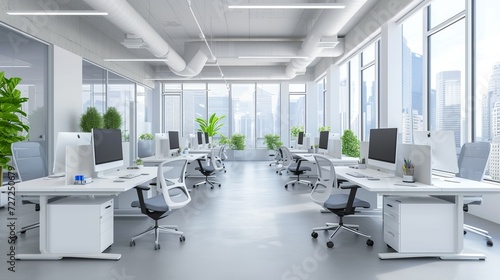 Blurred background of a light modern office interior with floor to ceiling windows