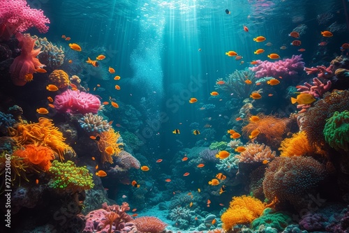 A vibrant community of diverse fish navigate through a thriving coral reef  surrounded by clear blue water and swaying seaweed  creating a stunning underwater display of nature s beauty