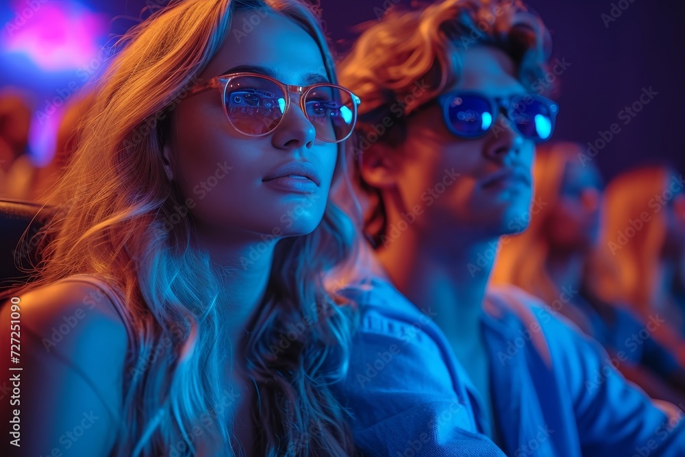 A smiling couple donning stylish sunglasses, their faces obscured yet radiating with joy as they groove to the rhythm of the music A smiling couple donning stylish sunglasses, their faces obscured yet radiating with joy as they groove to the rhythm of the music