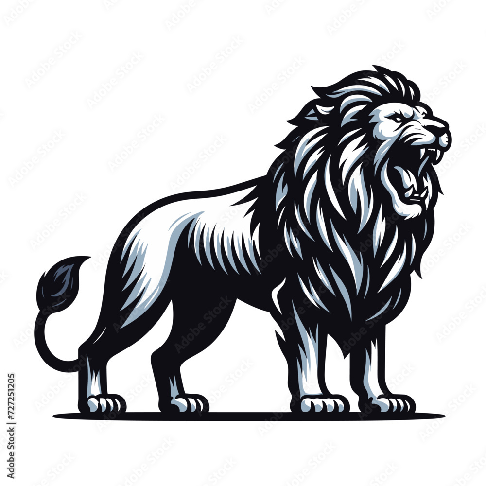 Obraz premium Wild roaring lion full body vector illustration, zoology illustration, majestic predator safari animal big cat design template isolated on white background