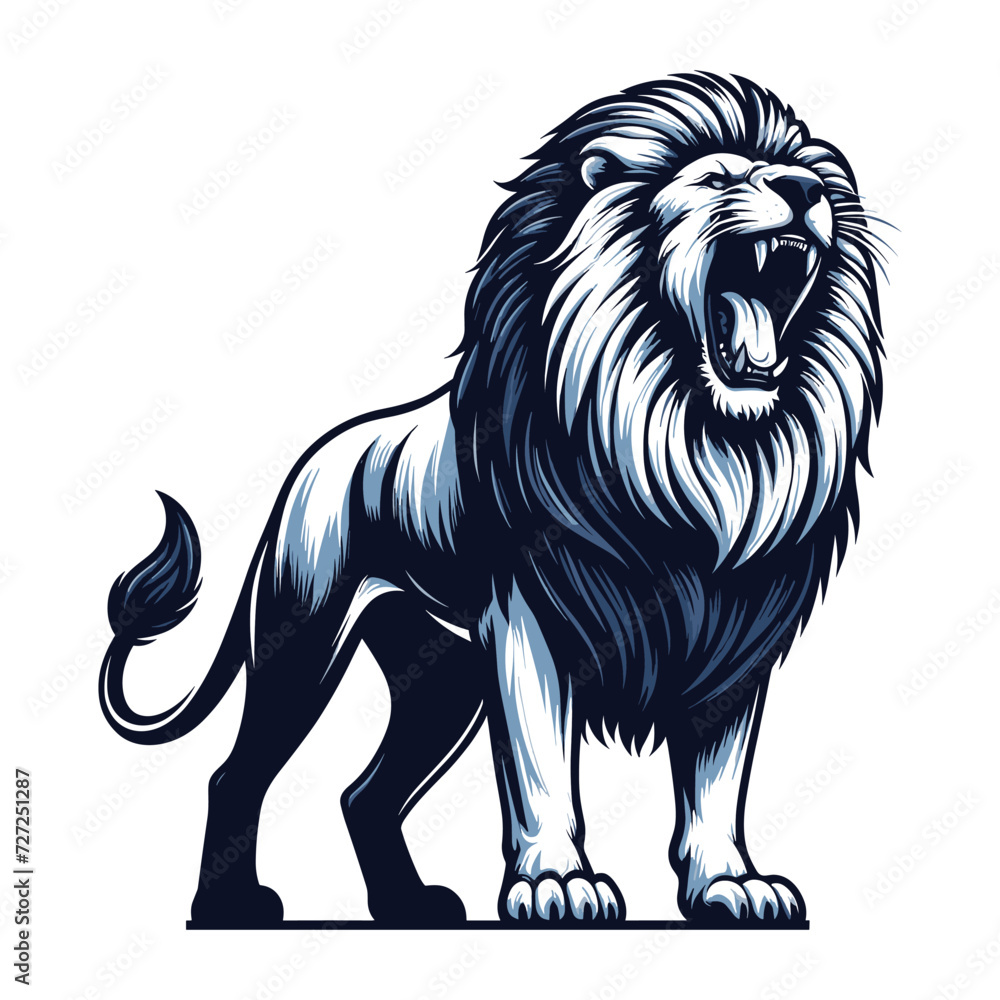 Obraz premium Wild roaring lion full body vector illustration, zoology illustration, majestic predator safari animal big cat design template isolated on white background