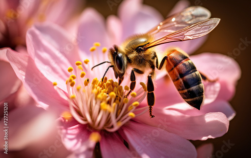 bee collecting nectar from a blossoming flower, AI Generative.