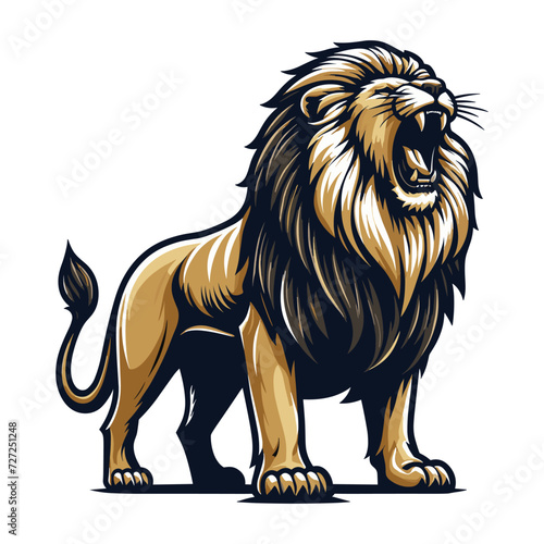 Wild roaring lion full body vector illustration, zoology illustration, majestic predator safari animal big cat design template isolated on white background photo