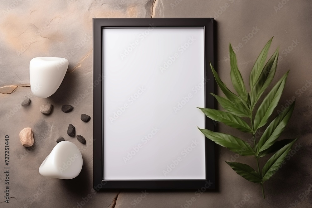 Mockup Frame with Plants on stone and light shade Mockup Frame with Plants on stone and light shade