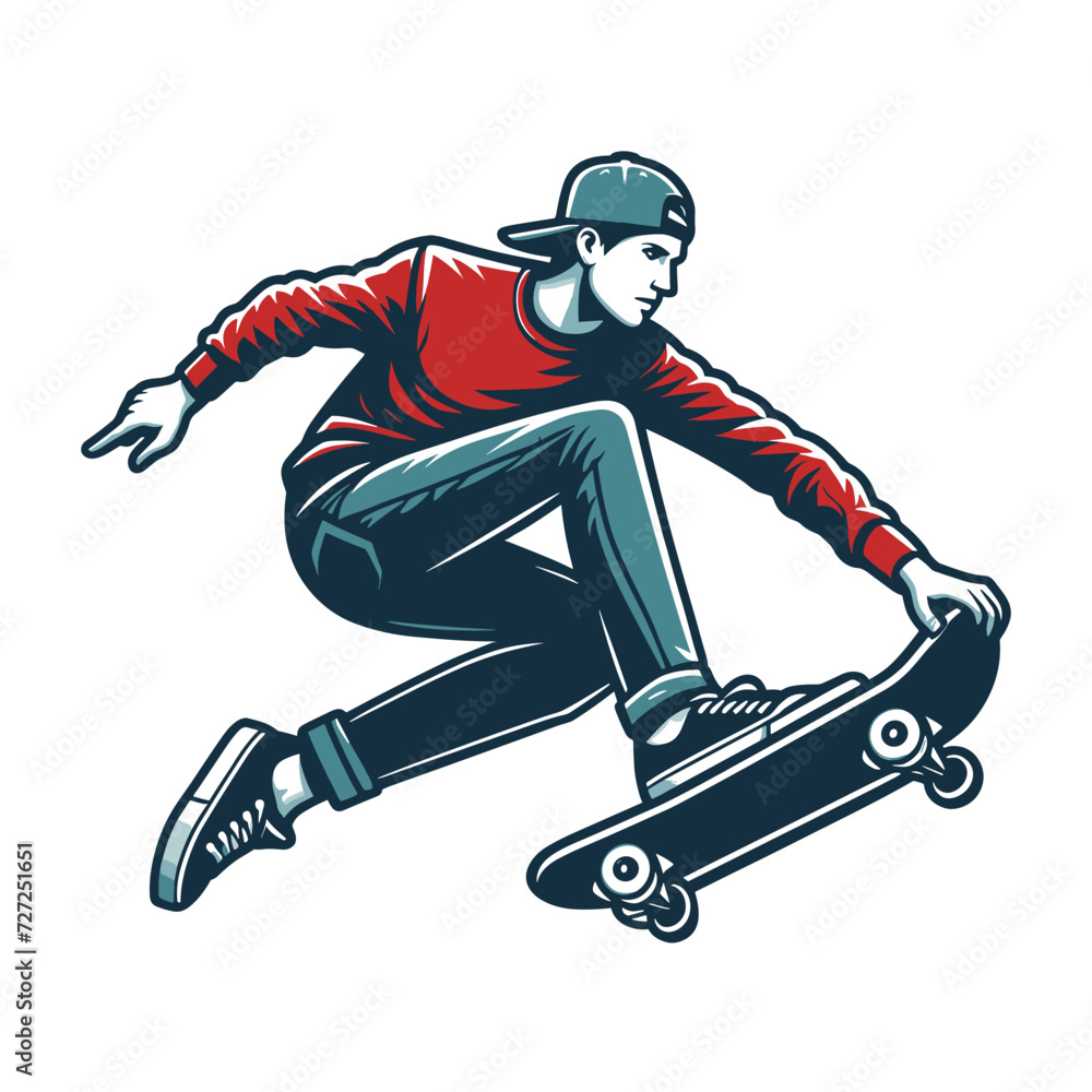 Obraz premium Man playing skateboard vector illustration, skateboarding sport game male player in action flat design style template isolated on white background