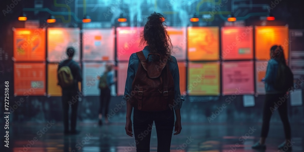 A young woman, stylish and confident, explores the city at night, enjoying the urban lifestyle and architecture.