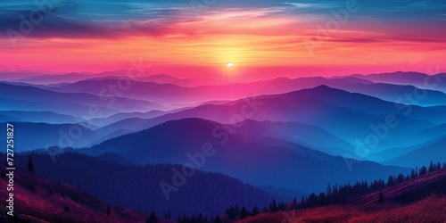 Sunset over the majestic mountain landscape, the beauty of nature is revealed in the colorful sky and enchanting setting. © Iryna