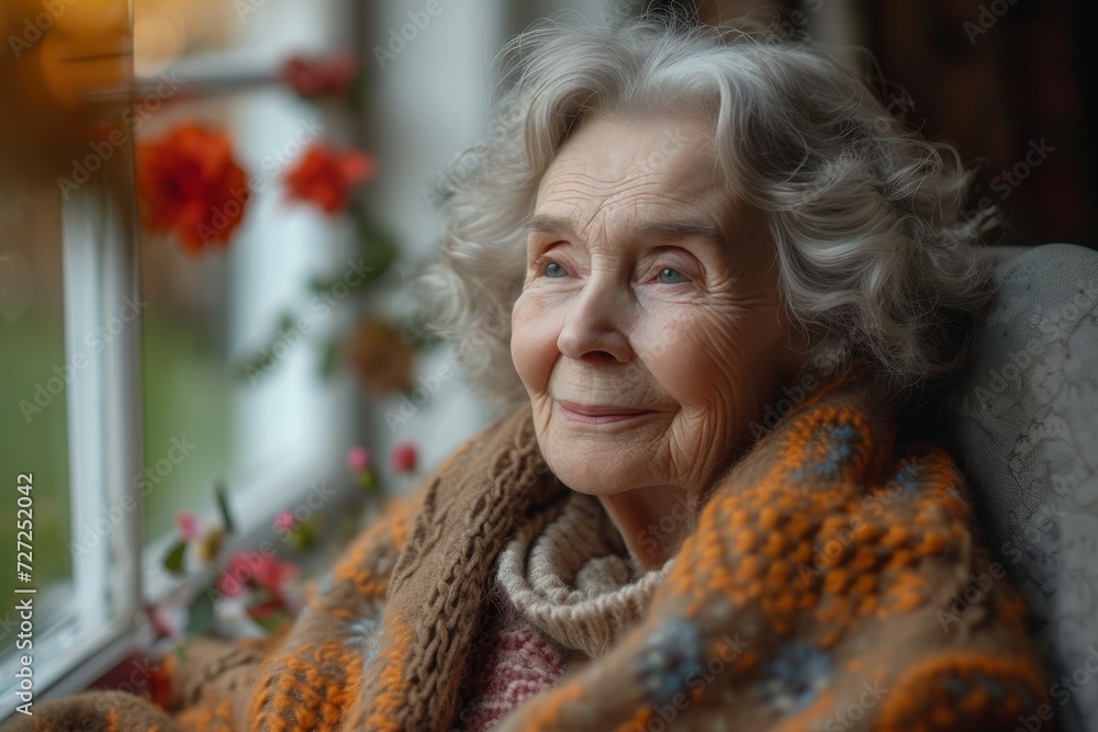 A woman gazes through a window with a bright smile, her portrait adorned with a delicate flower, showcasing the beauty of the human face and the elegance of indoor fashion A woman gazes through a window with a bright smile, her portrait adorned with a delicate flower, showcasing the beauty of the human face and the elegance of indoor fashion