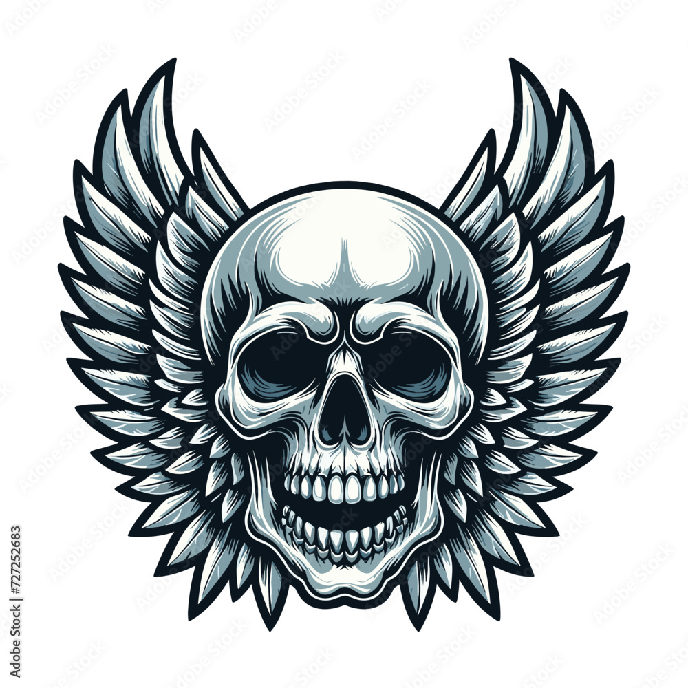 Obraz premium Skull wings vector illustration, winged skull badge emblem template suitable for apparel t-shirt, poster, motorbike club logo, tattoo. Design isolated on white background