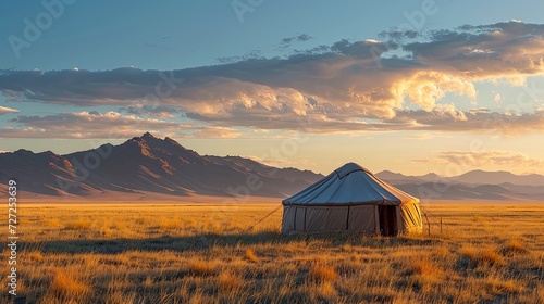 Nomadic Adventures. Camping tents in the middle of the desert with the mountains at back.