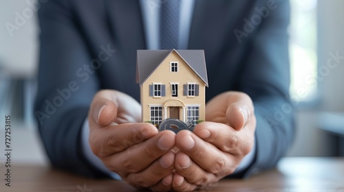 Real estate agent offer house. Property insurance and security concept.