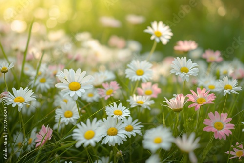 Meadow with lots of white and pink spring daisy flower