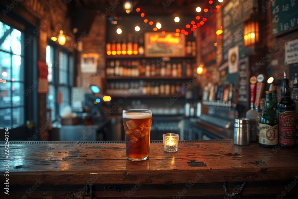 In the dimly lit tavern, a solitary glass of beer and a flickering candle sit atop the bar counter, embodying the allure of alcohol and the coziness of a night in the city