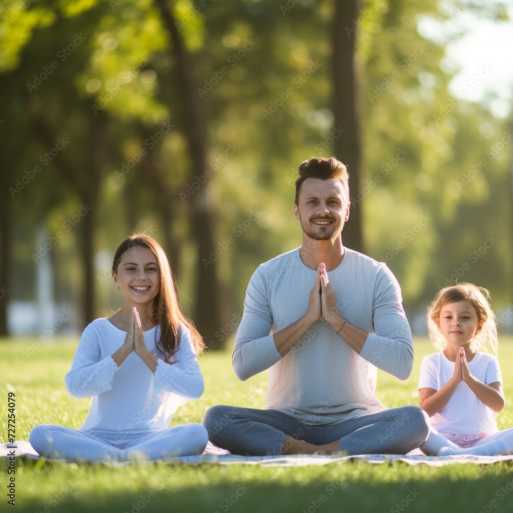 Stock image of a family doing yoga in a park, peaceful and healthy lifestyle Generative AI