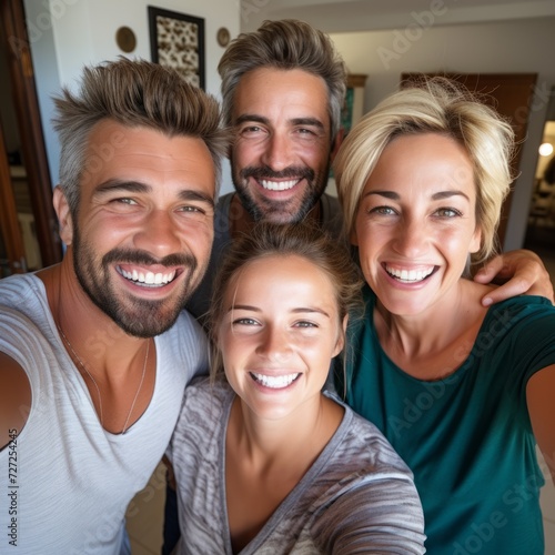 Stock image of a family taking a group selfie or a photo together, smiles and memories Generative AI