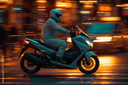 Amidst the bustling city streets  a daring rider donning leather attire cruises on their sleek motorbike  the roar of the engine echoing through the night