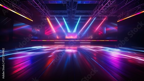An empty dance floor with neon light in the club