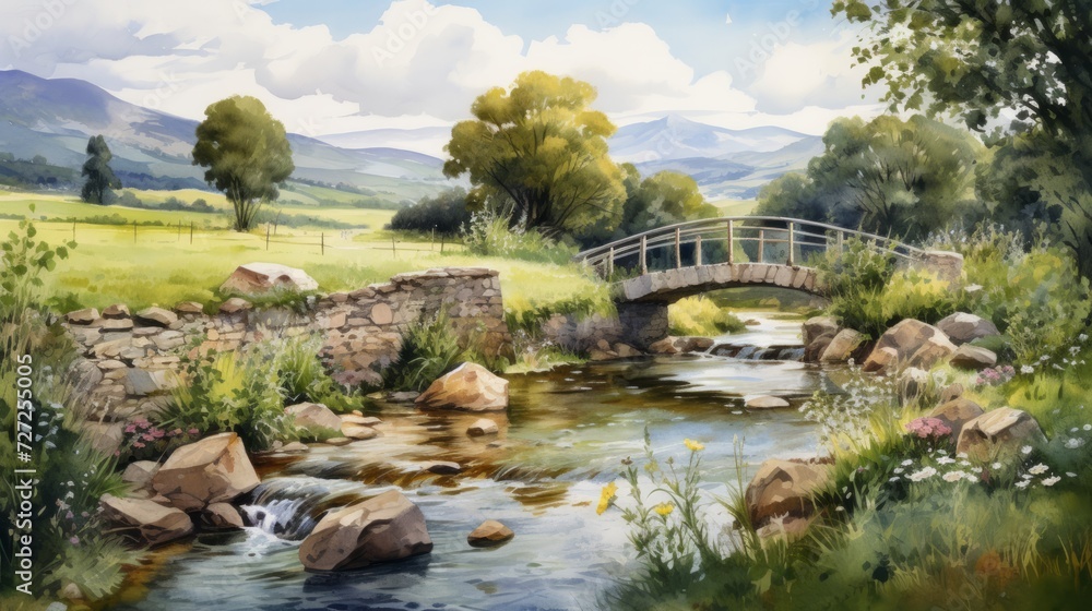 A picturesque countryside scene with a small bridge over a stream. landscape watercolor Generative AI