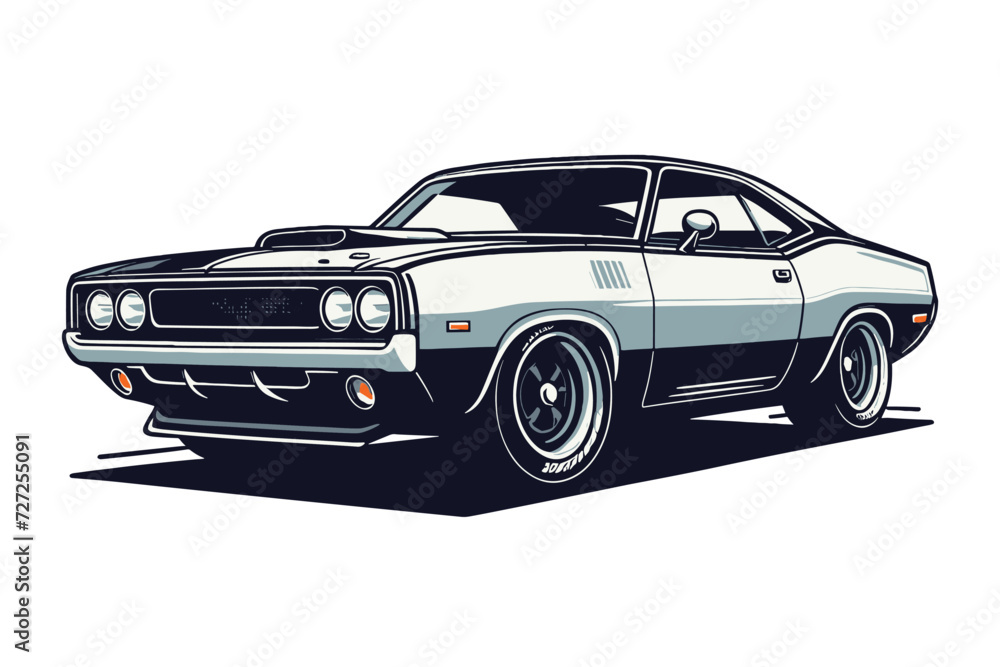Obraz premium Vintage American muscle car vector illustration, classic retro custom muscle car design template isolated on white background